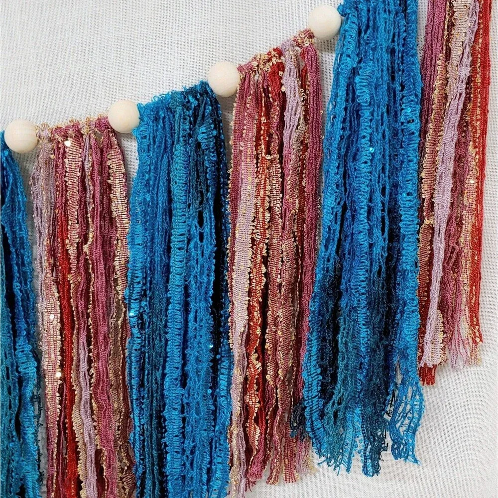 Boho Garland Wall Hanging Decor Wooden Beads Lace Ribbons Blue Pink Gold NEW